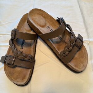 Cushionaire Lizzy Cork Footbed Braided Double-strap Brown Slide Sandals